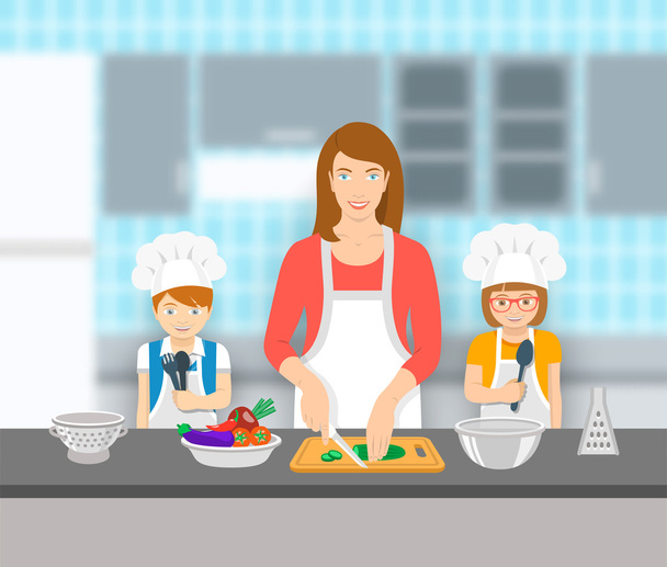 Äiti ja lapset ruoanlaitto yhdessä keittiössä tasainen kuva
 - Vektori, kuva