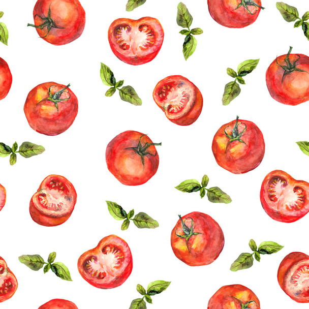 Seamless wallpaper with tomato vegetables and green basil - Photo, Image