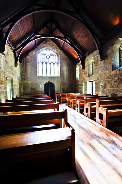 Old architecture church with wooden floor and benches  - Foto, Imagem