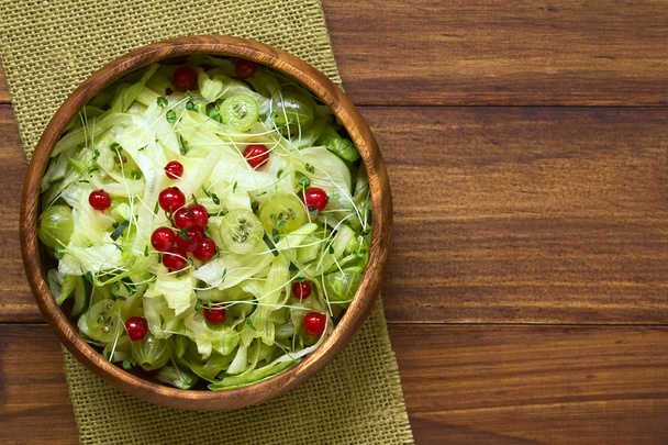 Kruisbes rode bessen komkommer en sla salade - Foto, afbeelding