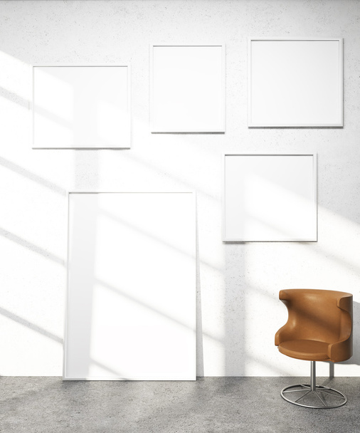 Cornici bianche di diversi telai su parete bianca, sedia bianca a parete. Concetto di arte. Scherza. Rendering 3D
 - Foto, immagini