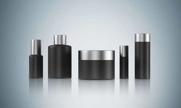 Row of black cream boxes of different shapes. Grey background. Concept of cosmetics. Mock up. 3D rendering - Zdjęcie, obraz