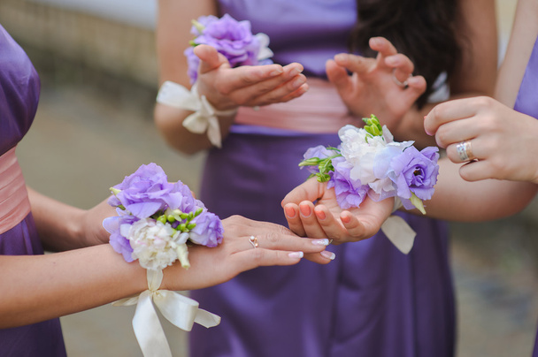 Close up of  bridesmaids hands with bouquet - Photo, Image