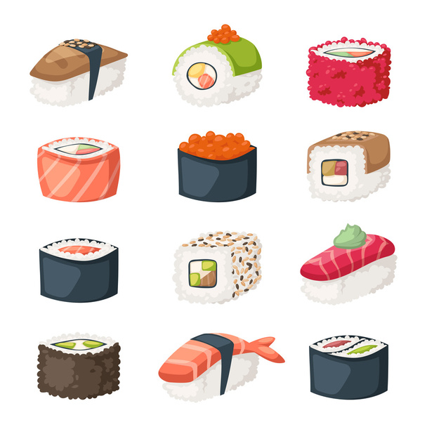 Sushi roll with salmon, smoked eel, selective food vector. - Vector, Image