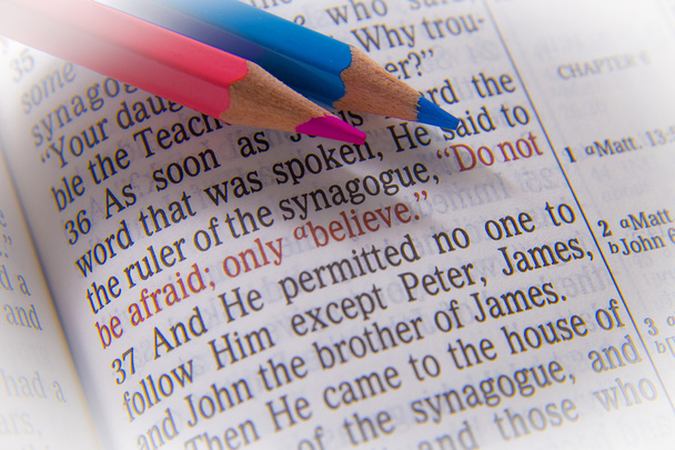 Bibeltext und Buntstifte - Foto, Bild