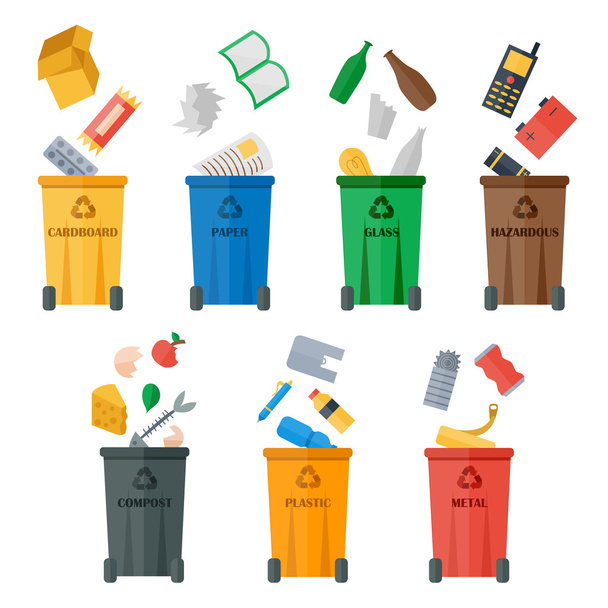 Colored garbage cans with waste types vector. - Vector, Image