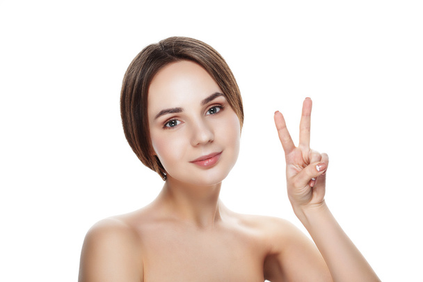 Pretty girl with natural makeup show gesture VICTORY. Beautiful  - Fotoğraf, Görsel