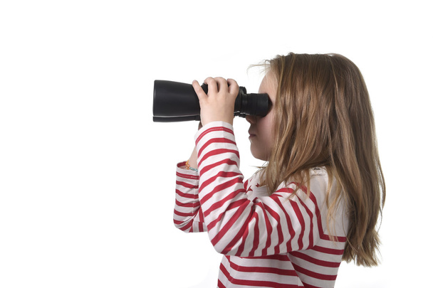 blond hair young little girl looking holding binoculars looking through observing and watching curious - Photo, Image