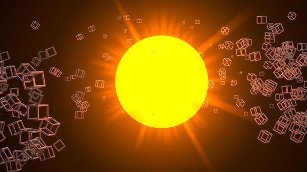El sol o una estrella rodeada de muchos pequeños objetos cúbicos de malla. Ilustración de trama tridimensional
. - Foto, imagen