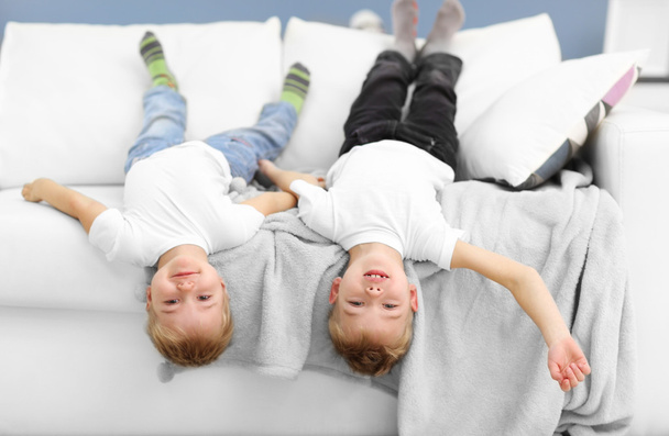 Portrait of cute cheerful brothers playing on sofa in the room - Foto, Imagem