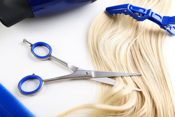 Barber set with strand of hair - Фото, изображение