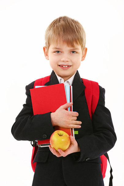 Schoolboy with backpack holding books - Fotoğraf, Görsel