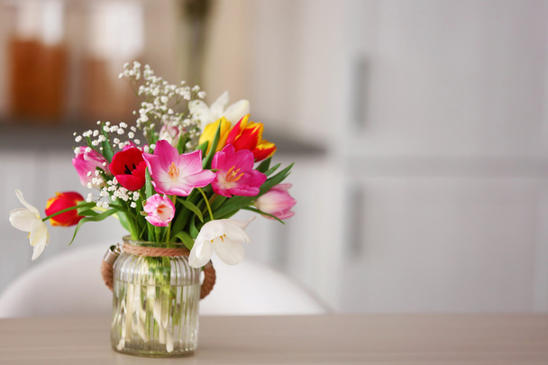 Bouquet of beautiful colorful tulips on blurred background - Valokuva, kuva