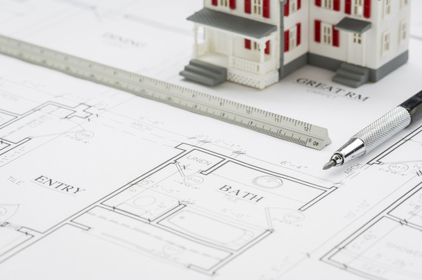 Model Home, Engineer Pencil and Ruler Resting On House Plans - Photo, Image