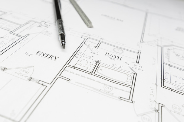 Engineer Pencil and Ruler Resting on House Plans - Photo, Image