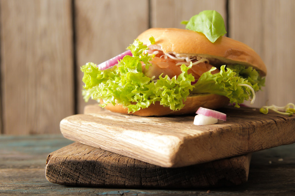 bagel with salmon and germinated sprouts pink salt - Foto, afbeelding