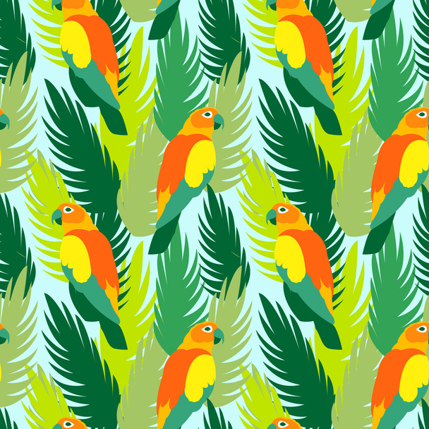 Parrots and tropical jungle leaves, tree, beautiful seamless vector floral pattern background, exotic print, wallpaper - Вектор, зображення