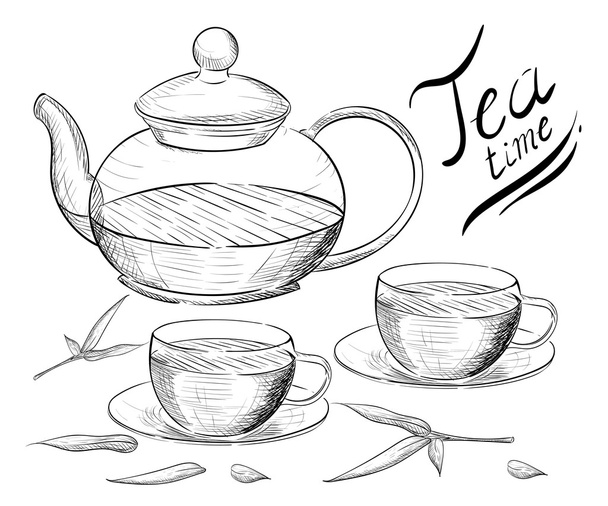 Čajové kolekce. Ruky kreslit vektorové ilustrace. Čas na čaj. šálek čaje, čajovou konvici - Vektor, obrázek