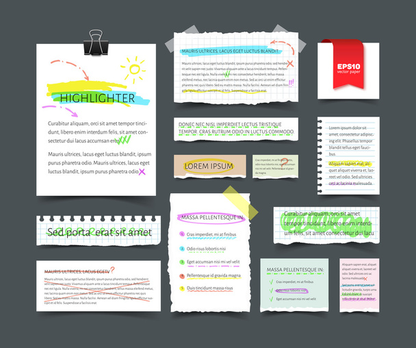 Verzameling van verschillende blanco wit papier met lijnen van tekst- en markeerstiftinstellingen - Vector, afbeelding