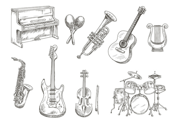 Sletched classic musical instruments set - Vector, Image