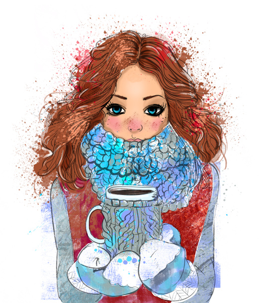 kahve fincanı ile sevimli kış kız - Fotoğraf, Görsel