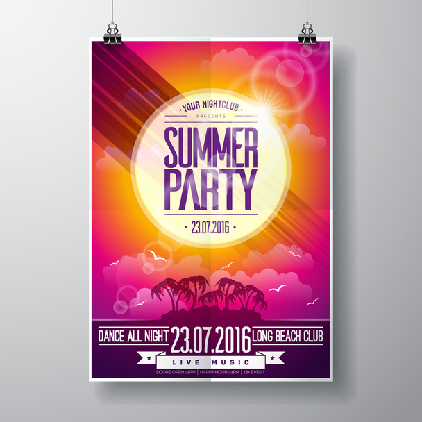 Векторный дизайн флаера Summer Beach Party с типографическими элементами на фоне океанского пейзажа
. - Вектор,изображение