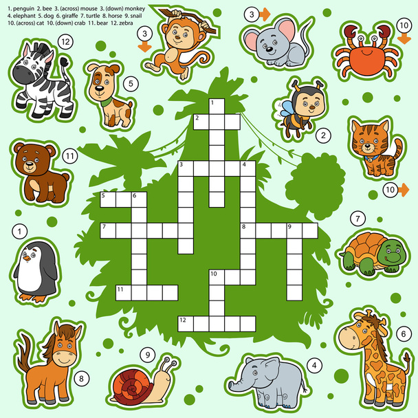 ベクトル色クロスワード、動物についての教育ゲーム - ベクター画像
