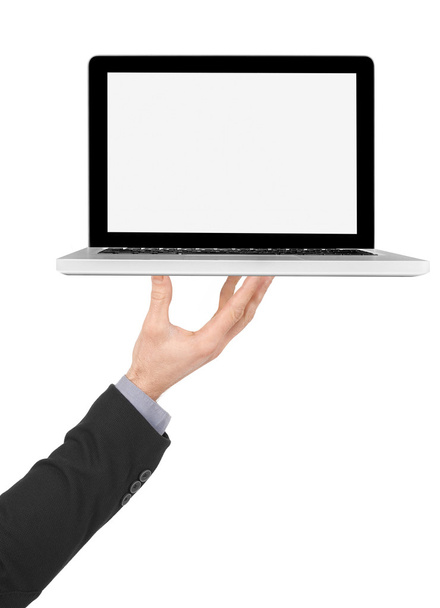 Segurando um laptop com tela em branco
 - Foto, Imagem
