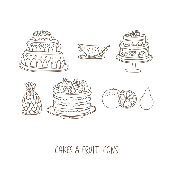 Cakes and fruit icons - Вектор,изображение