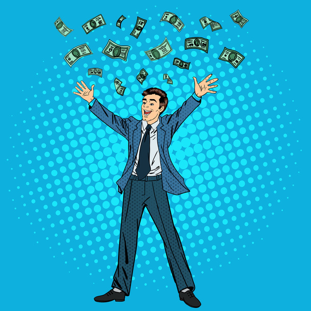 Happy Businessman. Success in Business. Successful Businessman.  Businessman and Money. Man Throwing Money Up. Falling Money. Pop Art Banner. Vector illustration - Vector, Image