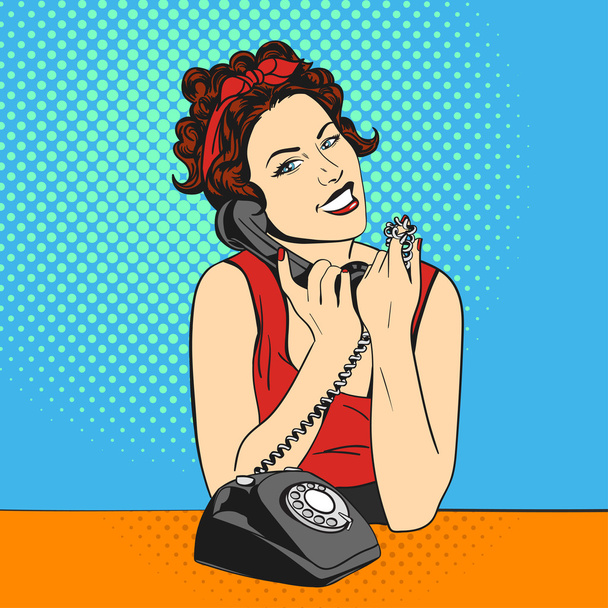 Vector illustration of pop art beautiful young woman with telephone - Vector, Image