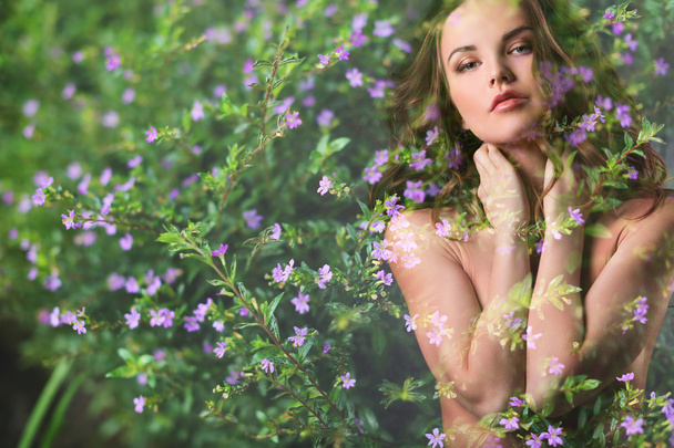 Double Exposure. Beautiful woman and flowers. - Valokuva, kuva