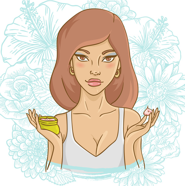 Beautiful young woman with a face cream - Vector, Image