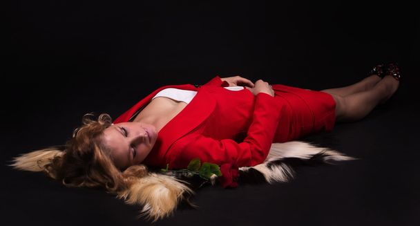 Portrait of sensual lady in red with rose - Foto, Imagem