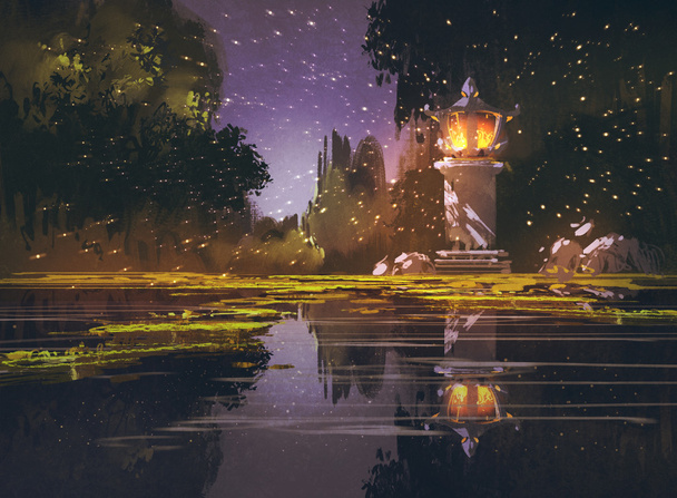 night landscape with stone lantern - Photo, Image