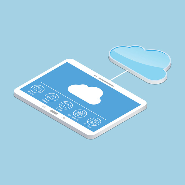 Cloud service. Concept design of tablet storage files. Isometric illustration. - Vector, Image