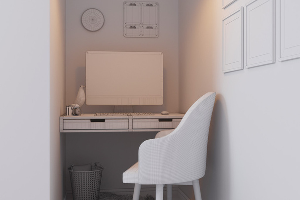 yatak odası iç tasarım çağdaş bir tarzda 3D render.   - Fotoğraf, Görsel