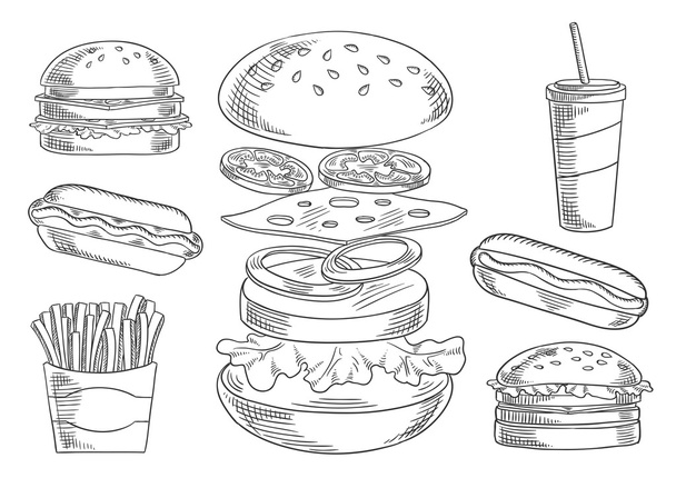 Fast food snacks and drinks sketches - Vetor, Imagem