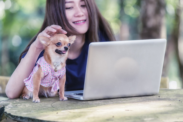 Gelukkig jongedame met haar hond en laptop  - Foto, afbeelding