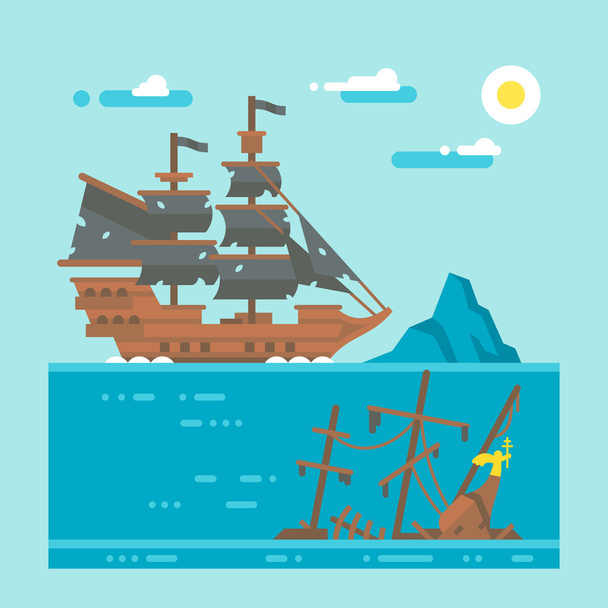 De schipbreuk van de piraat van het platte ontwerp  - Vector, afbeelding