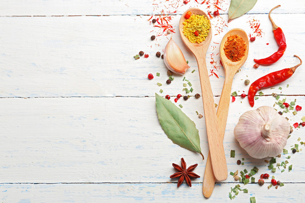Various of spices on wooden background - Foto, Bild