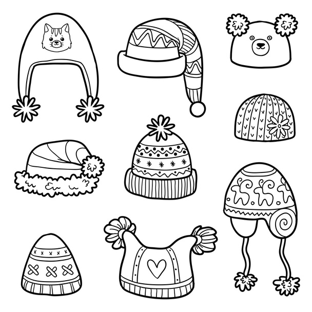Vector set of different winter hats with animals and geometric pattern - Vector, Image