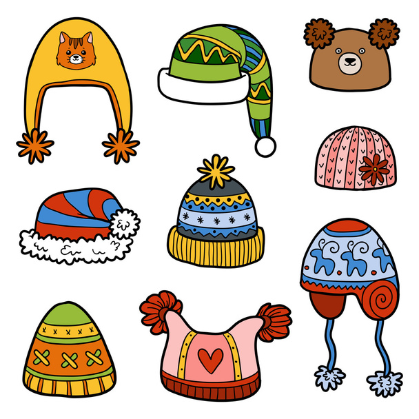 Vector set of different winter hats with animals and geometric pattern - Vector, Image
