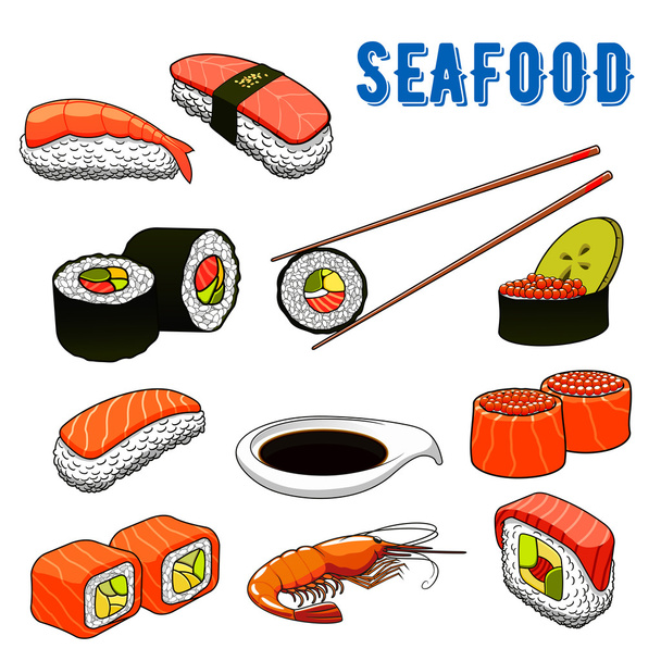 Appetizing japanese sushi and rolls seafood - Vector, Image