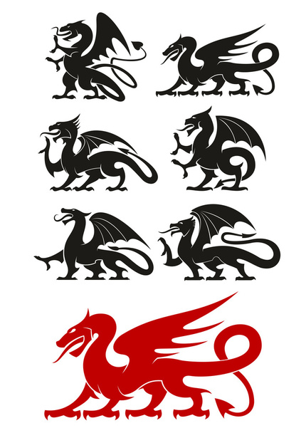 Medieval black heraldic dragons animals - Vector, Image
