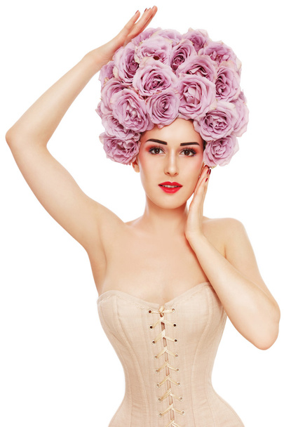 beautiful woman in wig of roses - 写真・画像