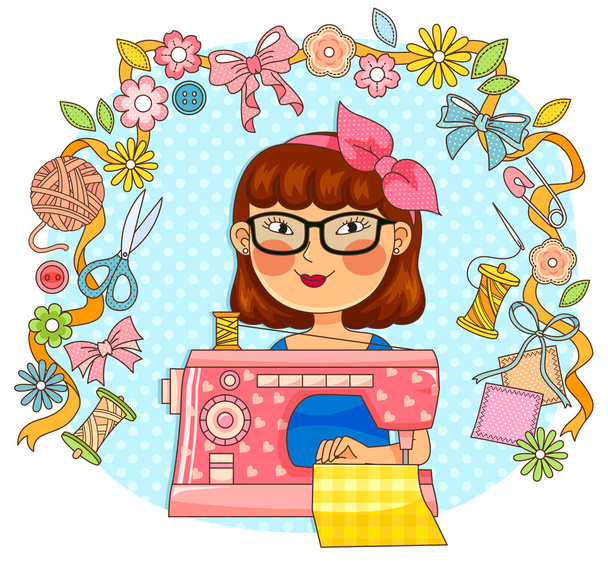 girl with sewing machine and related items - Vector, Image