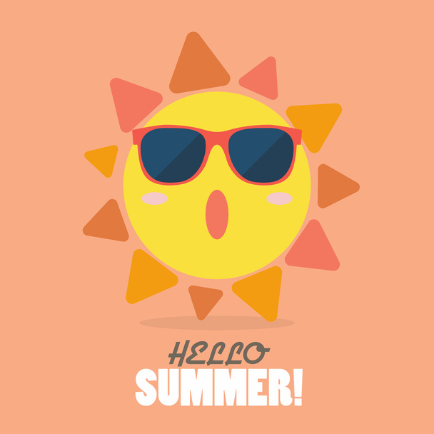 Hello Summer with happy sun on sunburst pattern - Vector, Image
