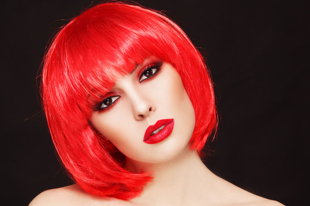 girl with  bob style red wig - Фото, изображение