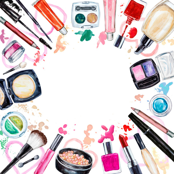 Estructura de varios cosméticos decorativos acuarela. Productos de maquillaje - Foto, imagen